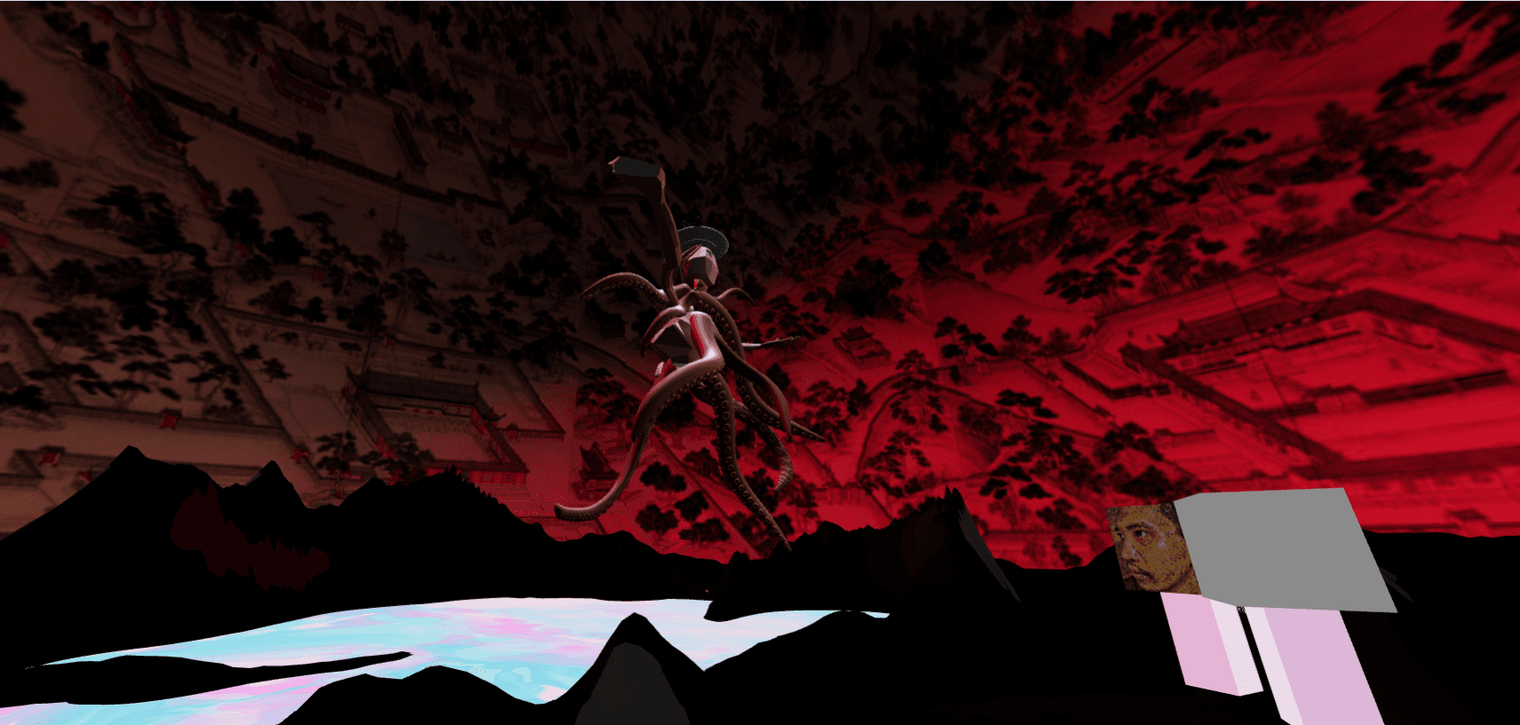 A digital avatar with tentacled legs and arms stands in the center of a dark landscape, the sky shows a red image of Imperial China.