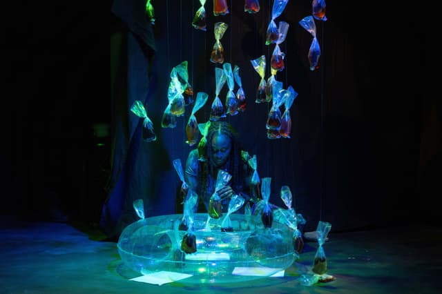 Maryam Kazeem is kneeling in front of a transparent inner tube. Plastic bags filled with water and trash are suspended above, reflecting the blue and green light.