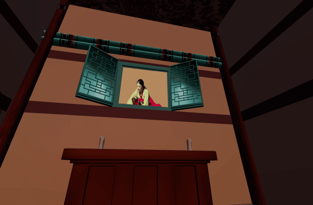 Sitting at the window of a digital building with a brown facade and green shutters, the artist's avatar appears dressed in bright green and red.