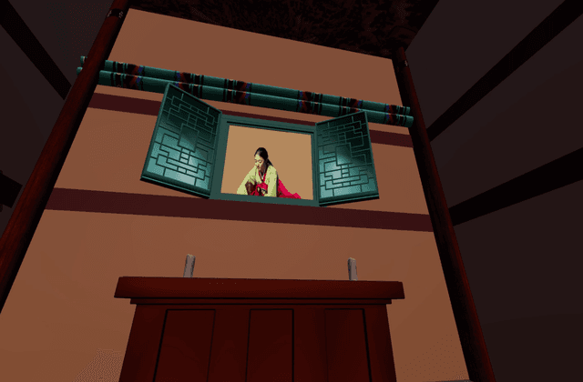 Sitting at the window of a digital building with a brown facade and green shutters, the artist's avatar appears dressed in bright green and red.