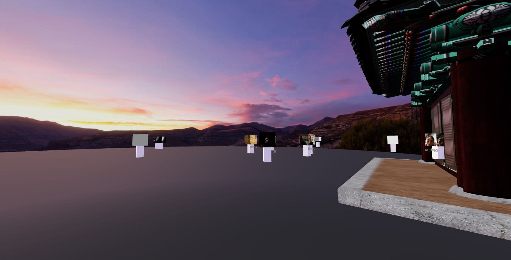 Digital avatars of the audience gather in front of the doors of a building in traditional Chinese architecture, against a realistic backdrop of a sunset over mountains.