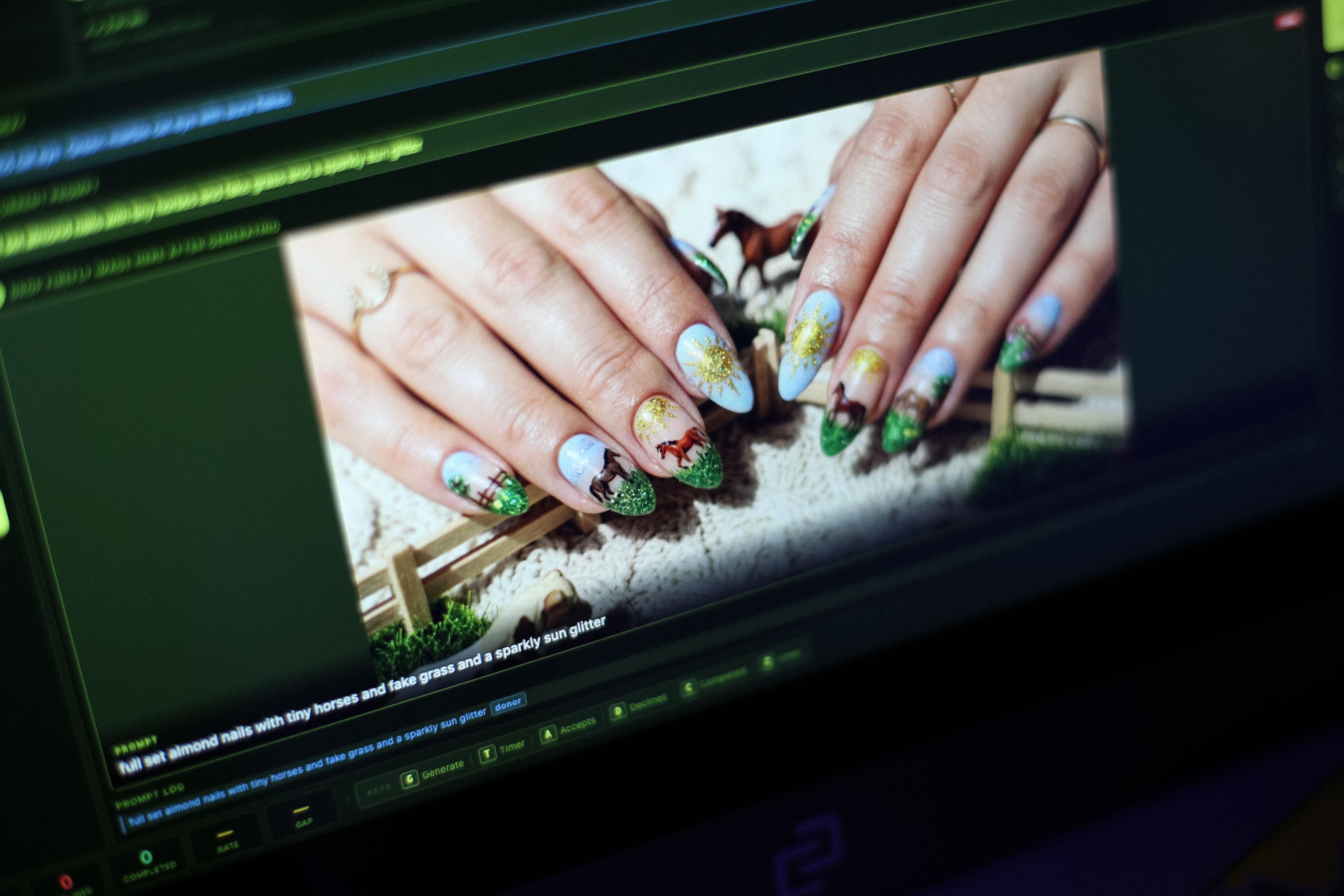 Nails with painted horses on a video screen.