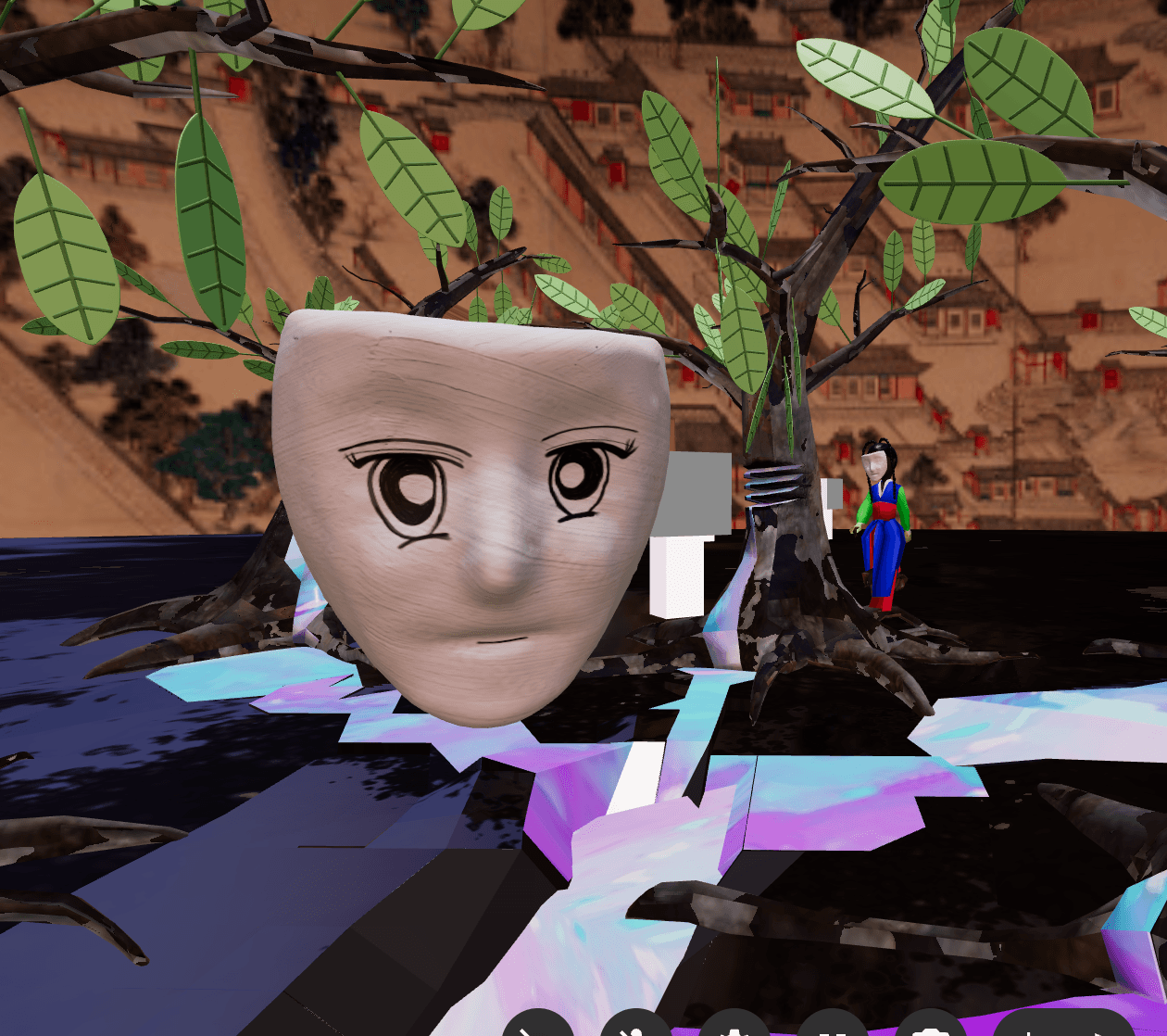 A white mask with drawn on eyes floats in the center of a digital space, in front of a tree and river.