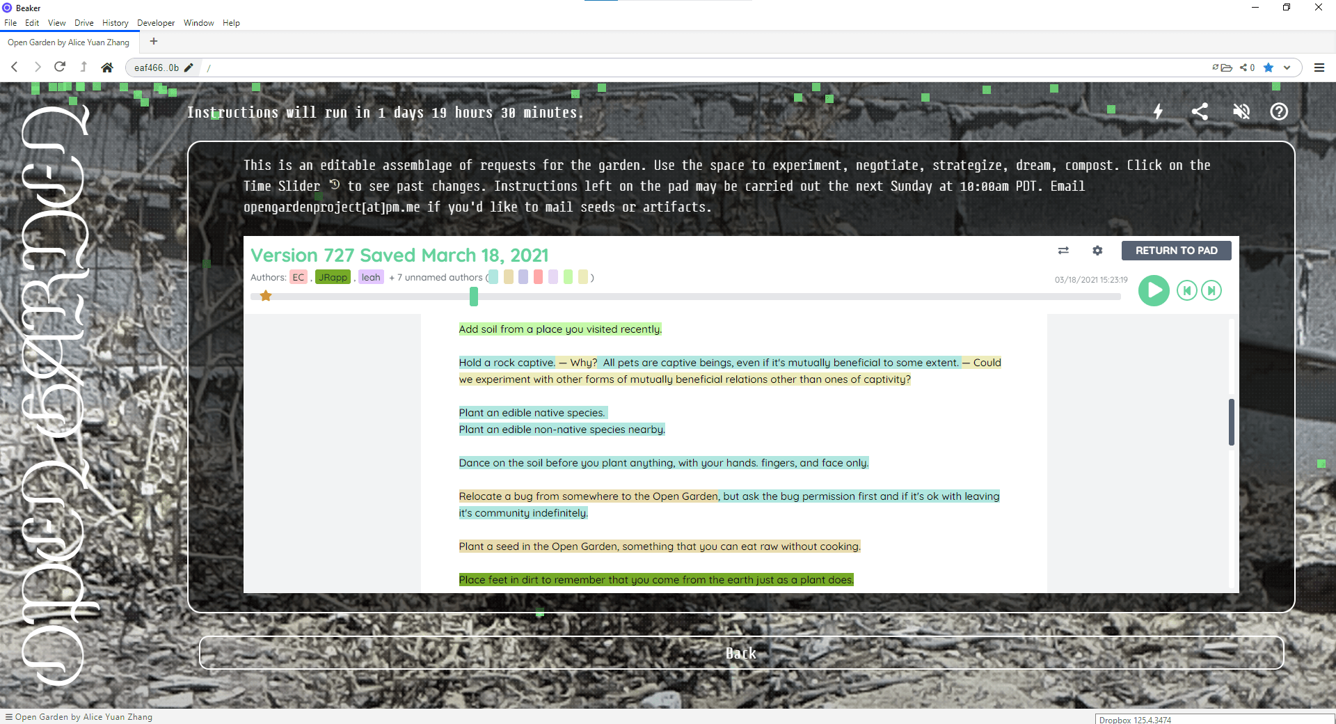 The online interface for Open Garden, showing an assemblage of instructions. The first one reads "Add soil from a place you visited recently."